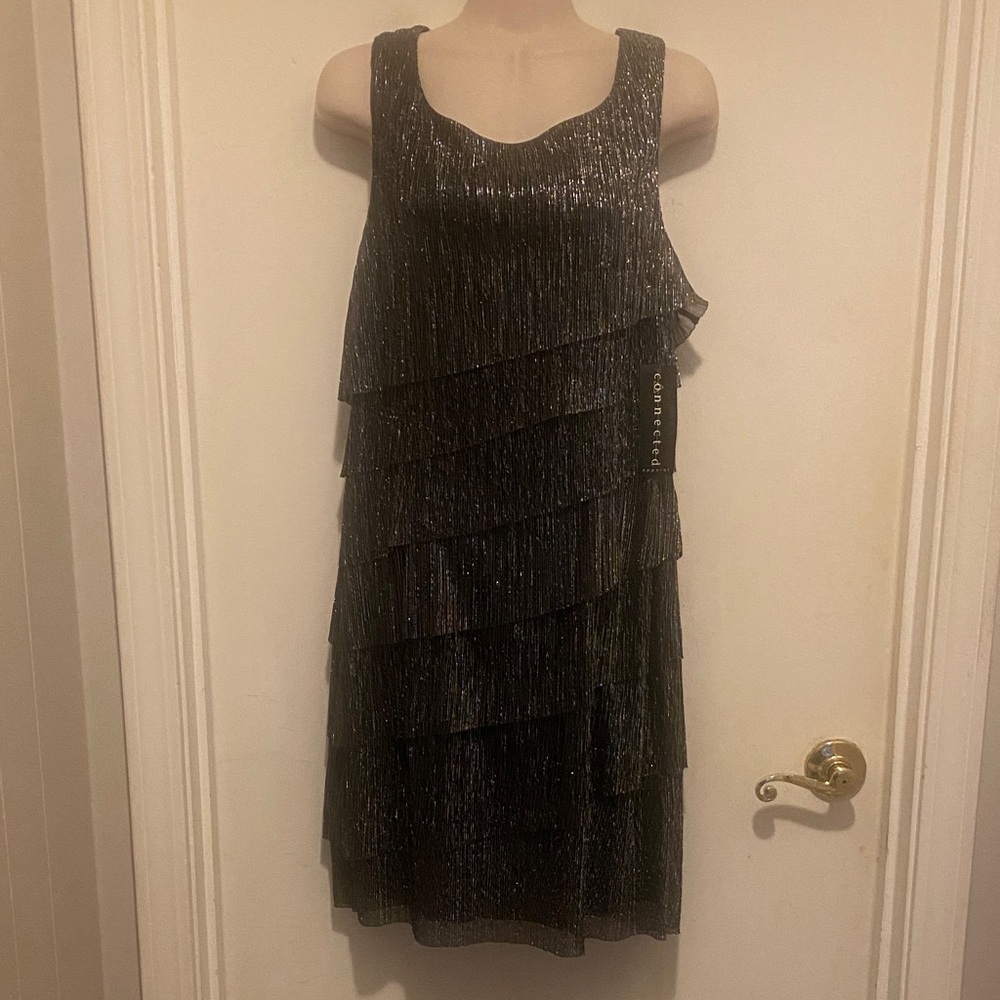 Connected Apparel Metallic Black Tiered Midi Dress